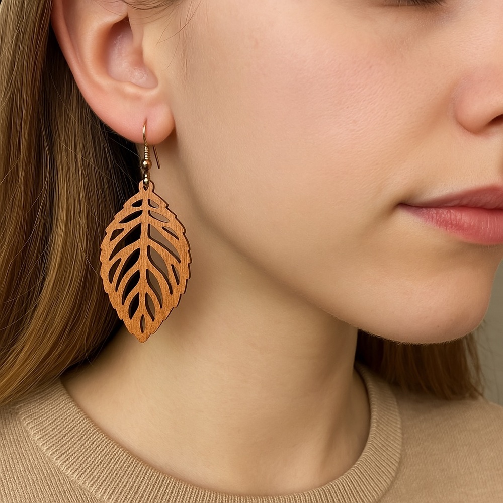 Leaf Wood Earrings Lasercut dangle fish hook 2” long